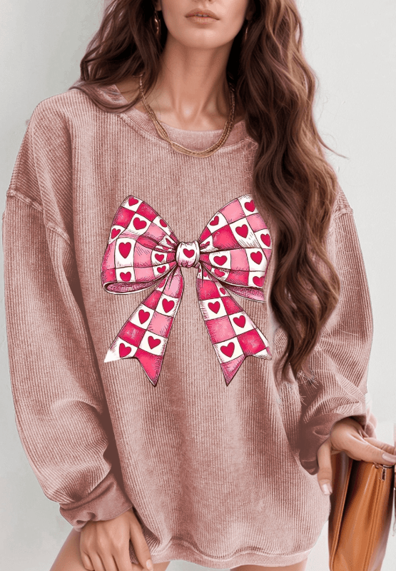 Valentine’s Day Bow Drop Shoulder Long Sleeve Sweatshirt Dusty Pink for a perfect OOTD – dress to impress outfits from Amexza