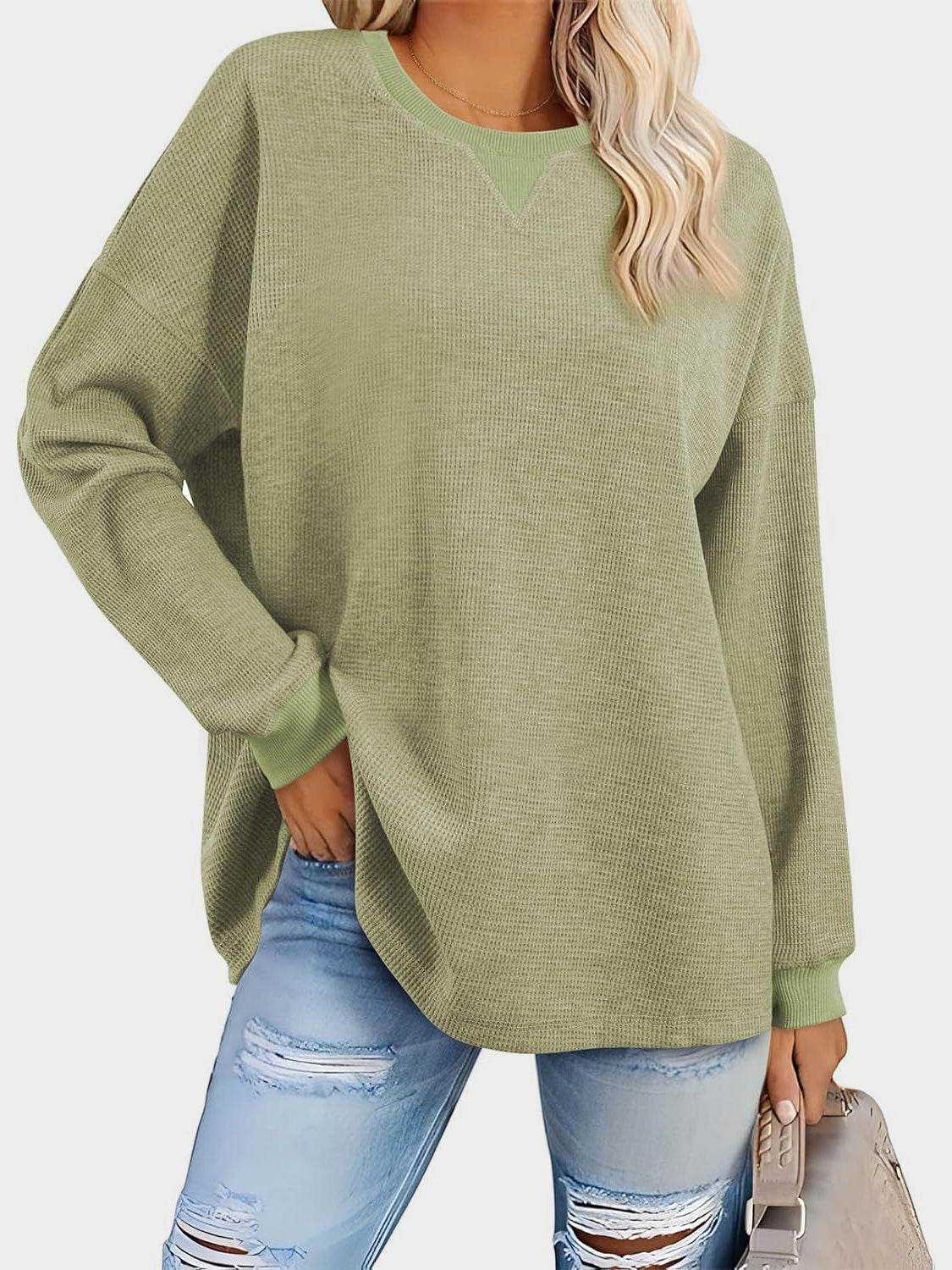 Waffle Knit Round Neck Long Sleeve T-Shirt for a perfect OOTD – dress to impress outfits from Amexza