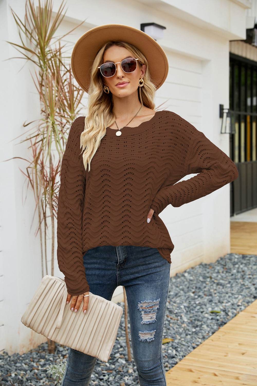 Woven Right Scalloped Boat Neck Openwork Tunic Sweater Brown for a perfect OOTD – dress to impress outfits from Amexza