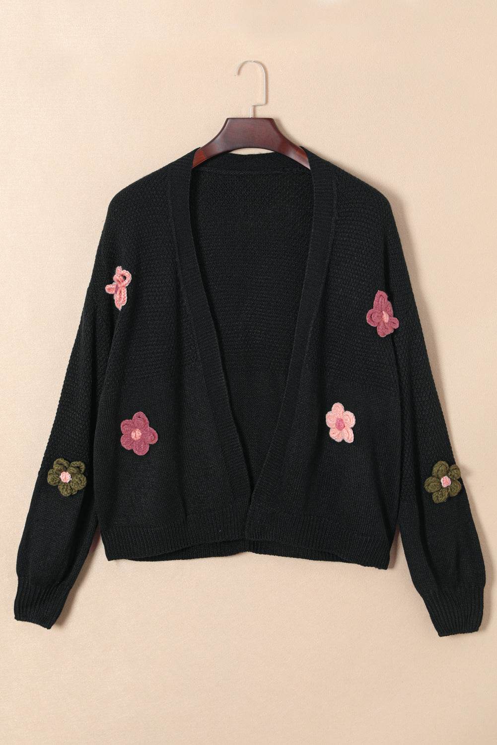 Floral Applique Drop Shoulder Open Front Cardigan - Amexza