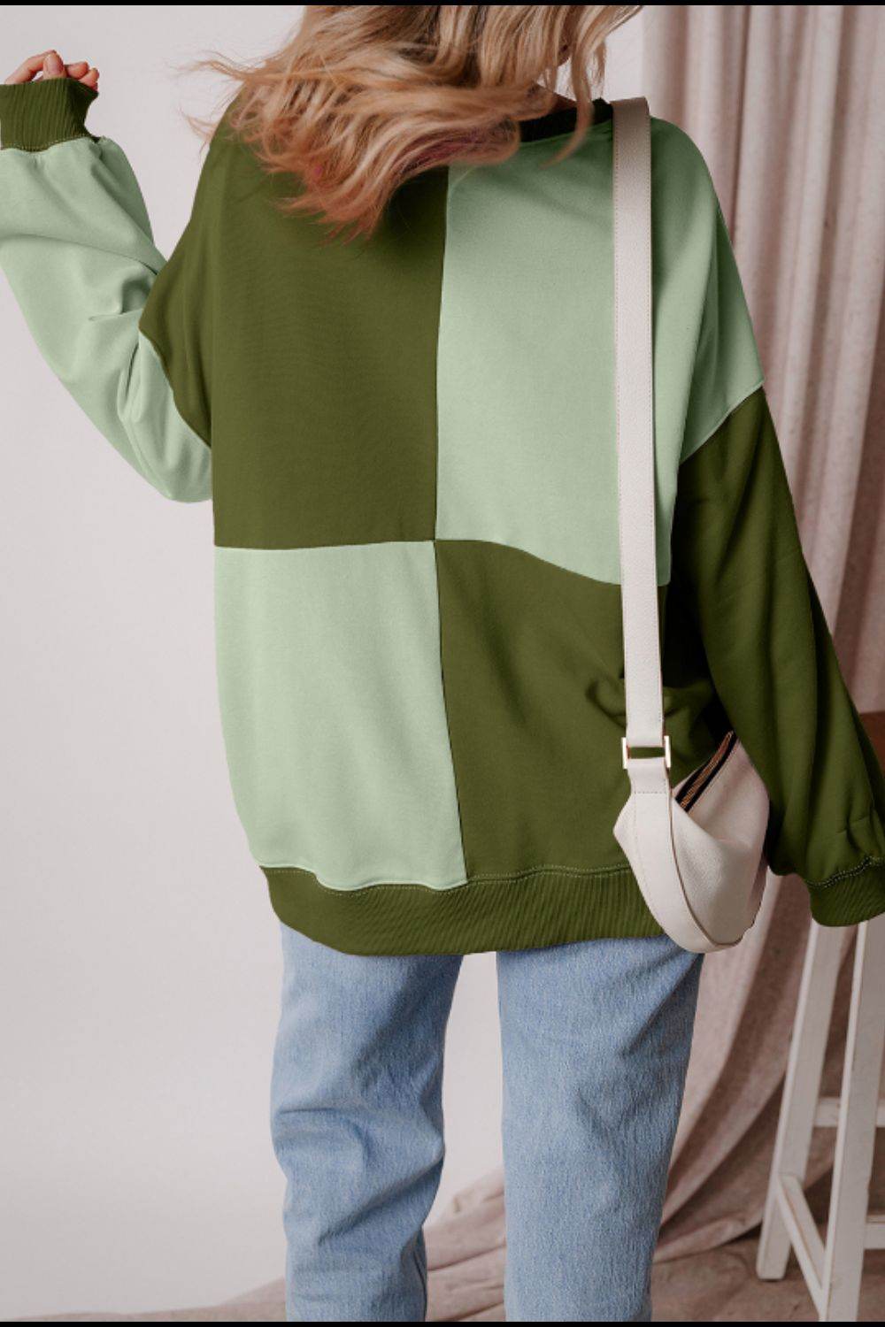 Color Block Half Button Long Sleeve Sweatshirt - Amexza