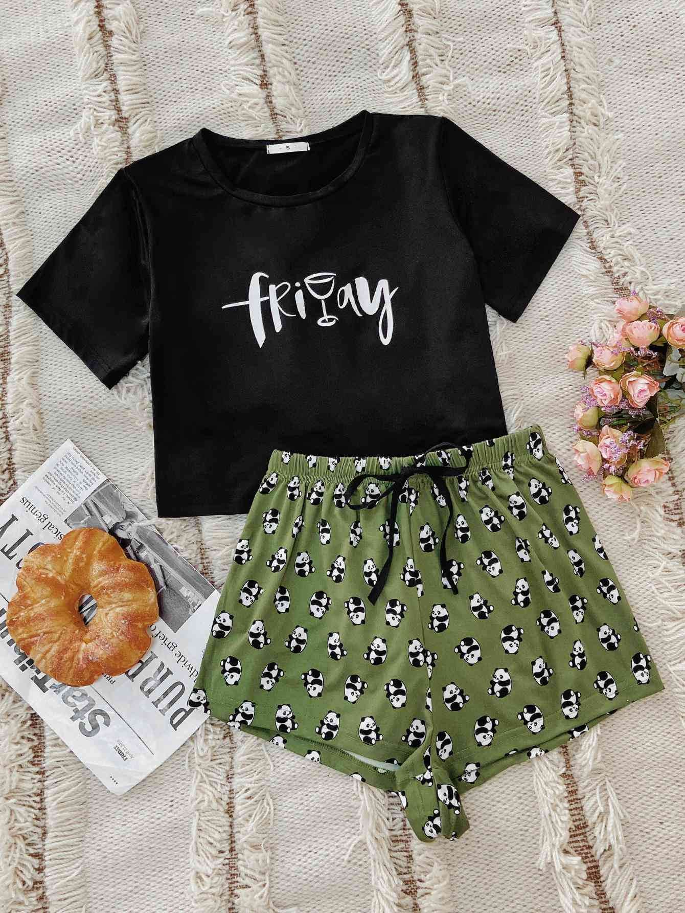 Graphic Tee and Panda Print Shorts Lounge Set for a perfect OOTD – dress to impress outfits from Amexza