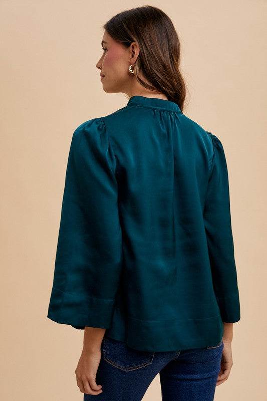 Annie Wear Satin Notched Three-Quarter Sleeve Blouse - Amexza