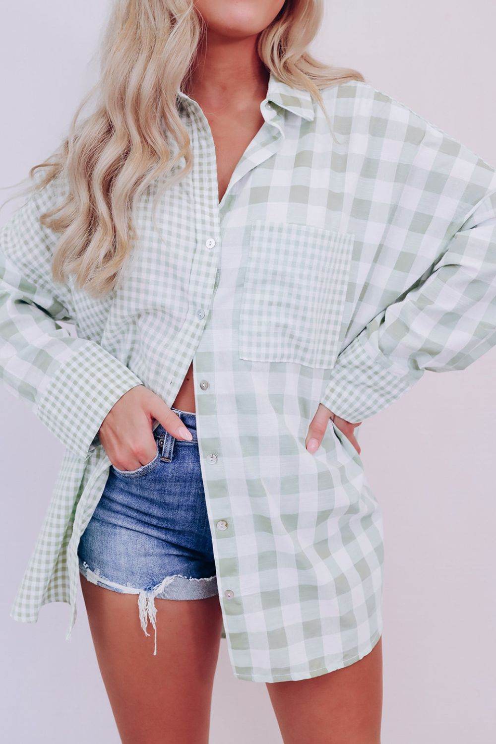 Pocketed Plaid Collared Neck Long Sleeve Shirt for a perfect OOTD – dress to impress outfits from Amexza