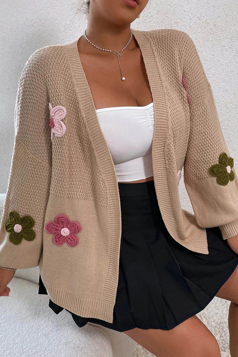 Floral Applique Drop Shoulder Open Front Cardigan Khaki for a perfect OOTD – dress to impress outfits from Amexza