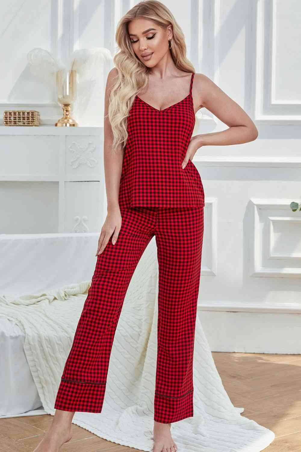 Gingham V-Neck Cami and Tied Pants Lounge Set - Amexza