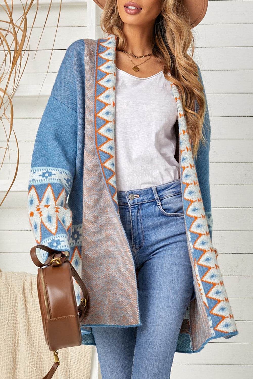 Geometric Open Front Long Sleeve Cardigan Blue for a perfect OOTD – dress to impress outfits from Amexza