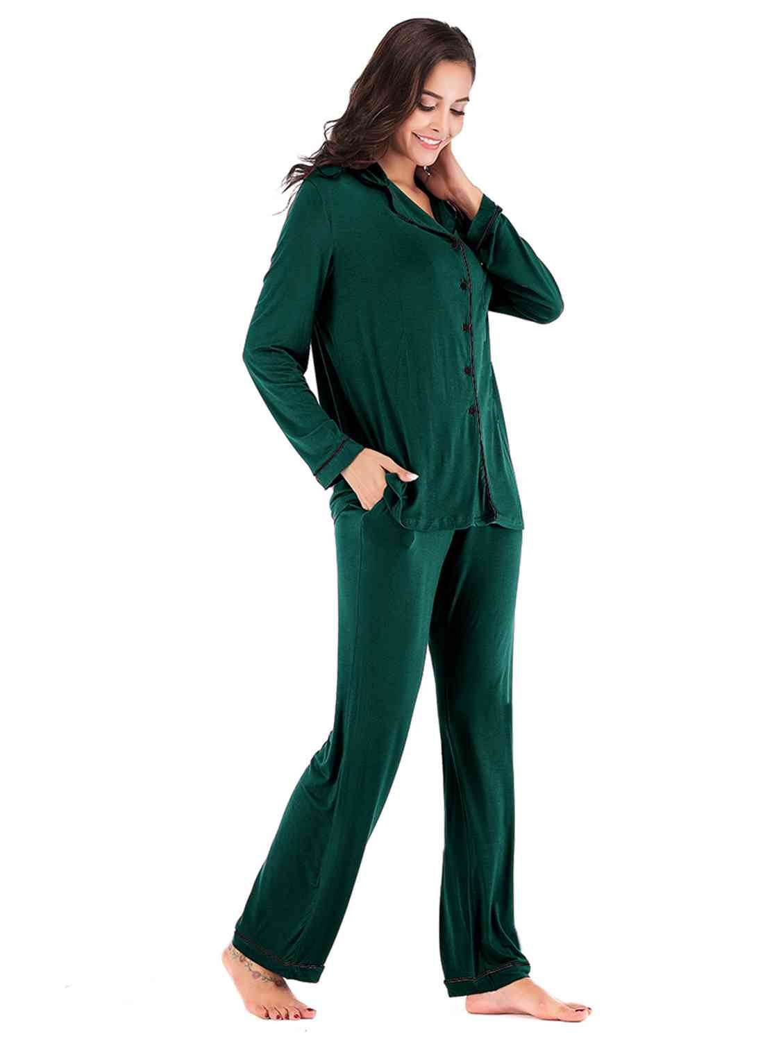 Collared Neck Long Sleeve Loungewear Set with Pockets for a perfect OOTD – dress to impress outfits from Amexza