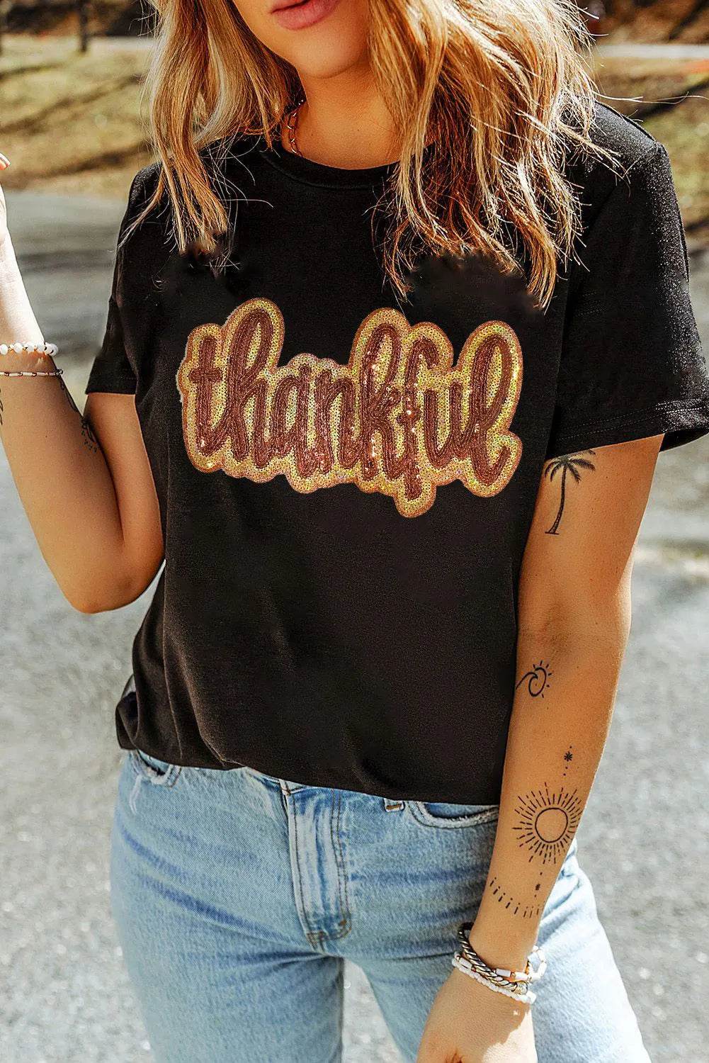 THANKFUL Sequin Round Neck Short Sleeve T-Shirt Black for a perfect OOTD – dress to impress outfits from Amexza