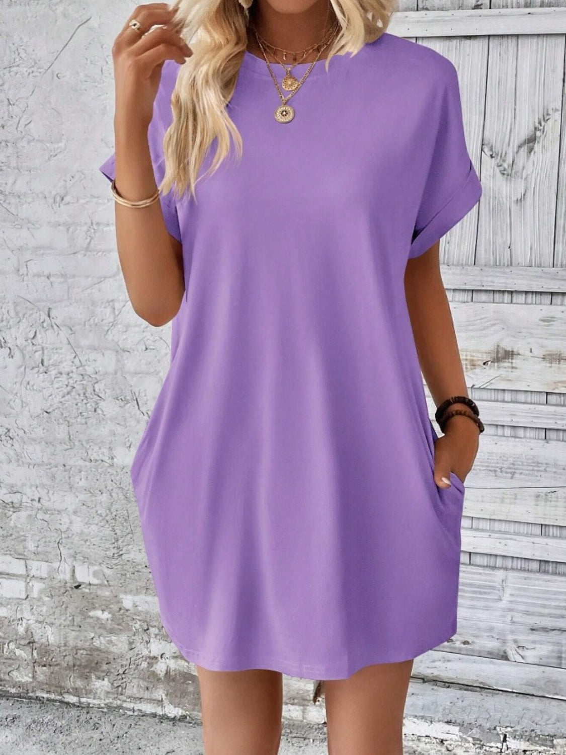 Pocketed Round Neck Short Sleeve Dress - Lavender / S