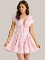 Gingham Ruffle Mini Dress with Lace Trim