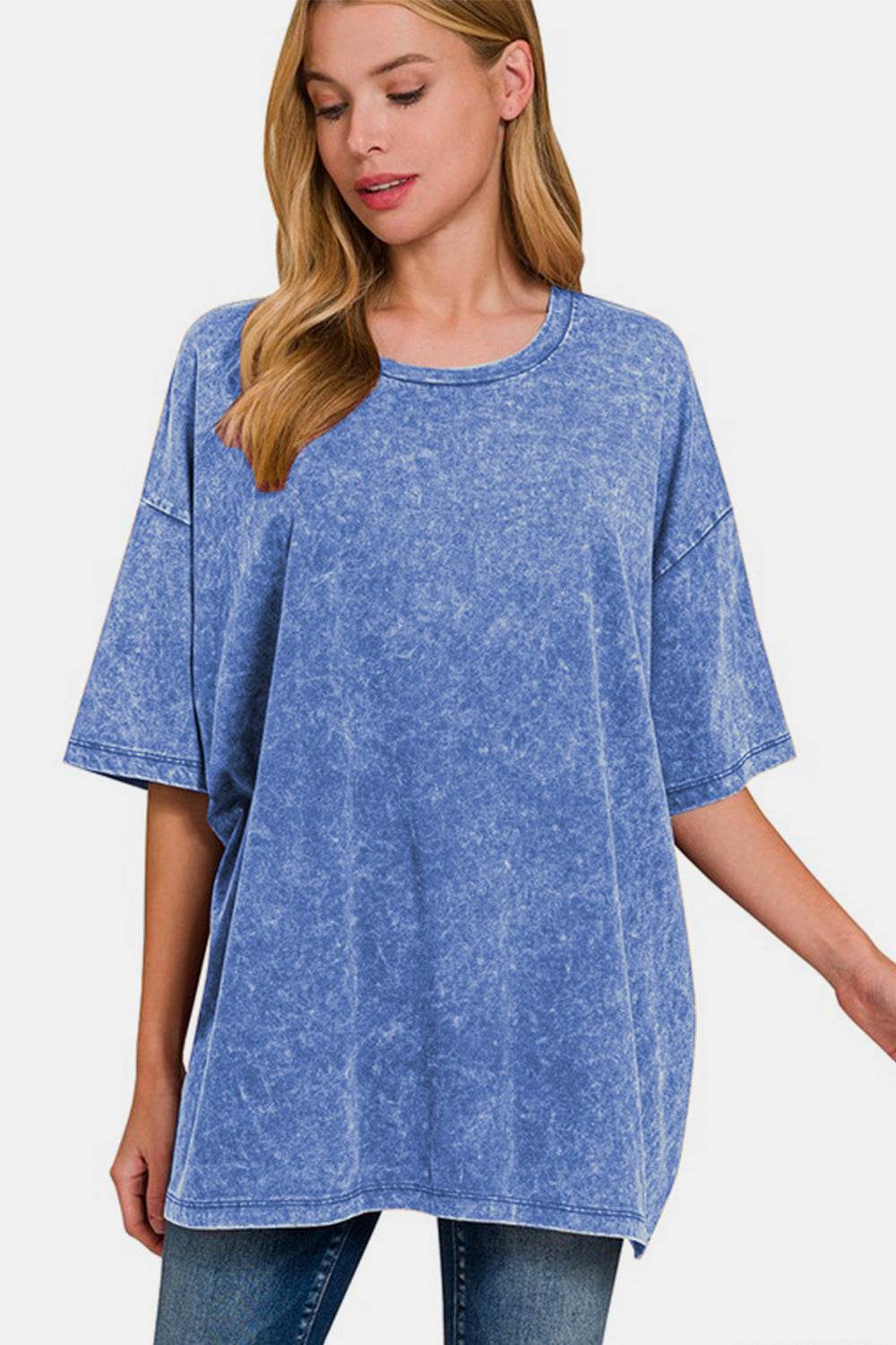 Zenana Full Size Washed Round Neck Drop Shoulder Oversized T-Shirt Blue for a perfect OOTD – dress to impress outfits from Amexza