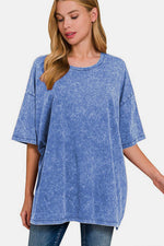 Zenana Full Size Washed Round Neck Drop Shoulder Oversized T-Shirt - Amexza