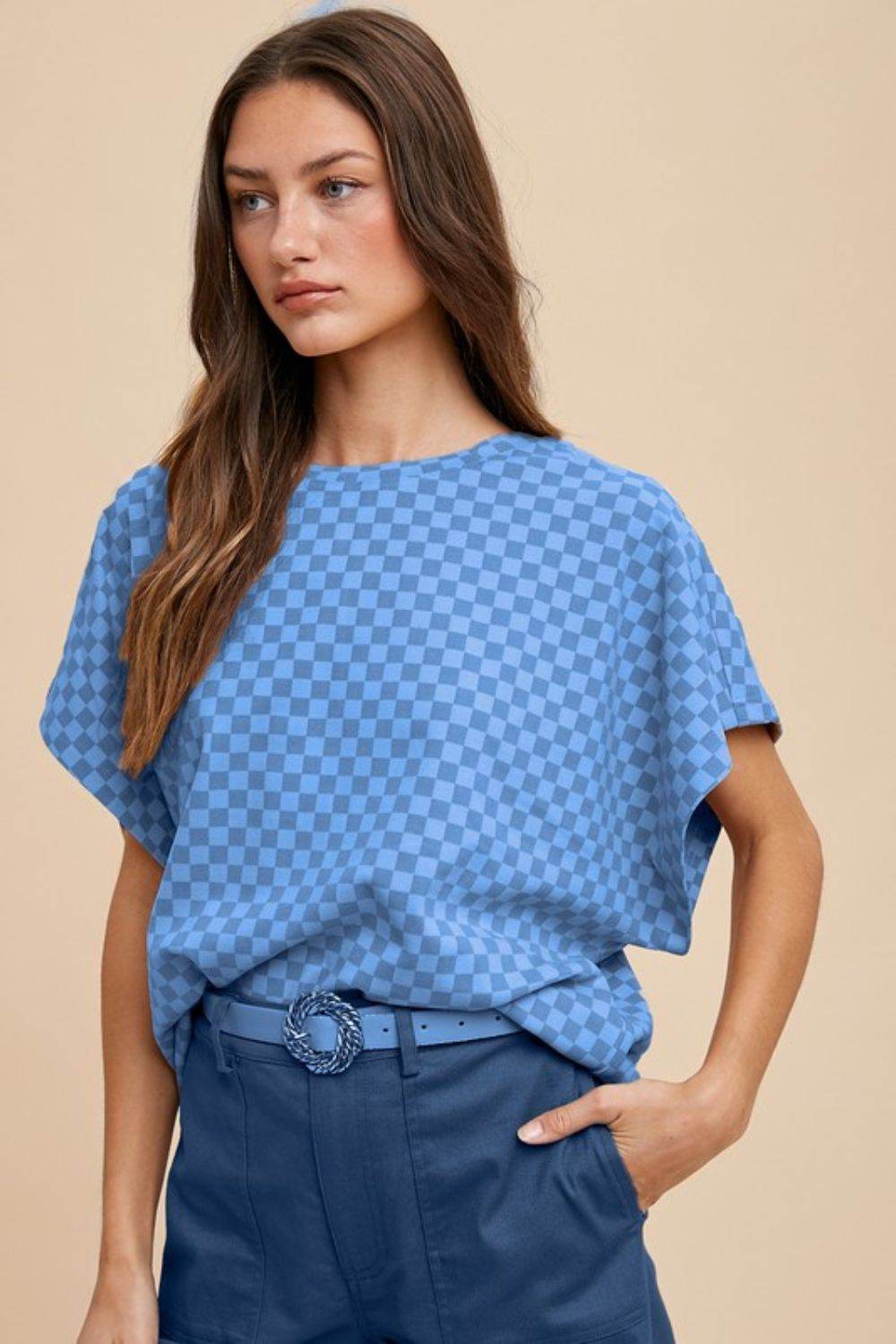 Annie Wear Checkered Round Neck Short Sleeve T-Shirt Blue for a perfect OOTD – dress to impress outfits from Amexza