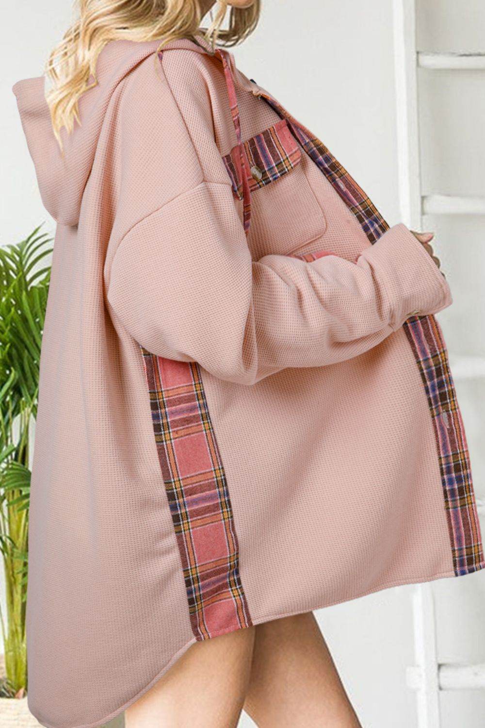 Waffle Knit Plaid Patchwork Drawstring Hooded Shacket for a perfect OOTD – dress to impress outfits from Amexza