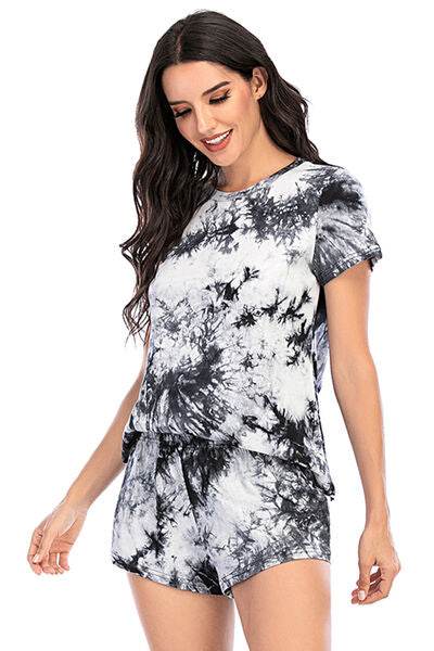 Tie-Dye Round Neck Short Sleeve Top and Shorts Lounge Set for a perfect OOTD – dress to impress outfits from Amexza