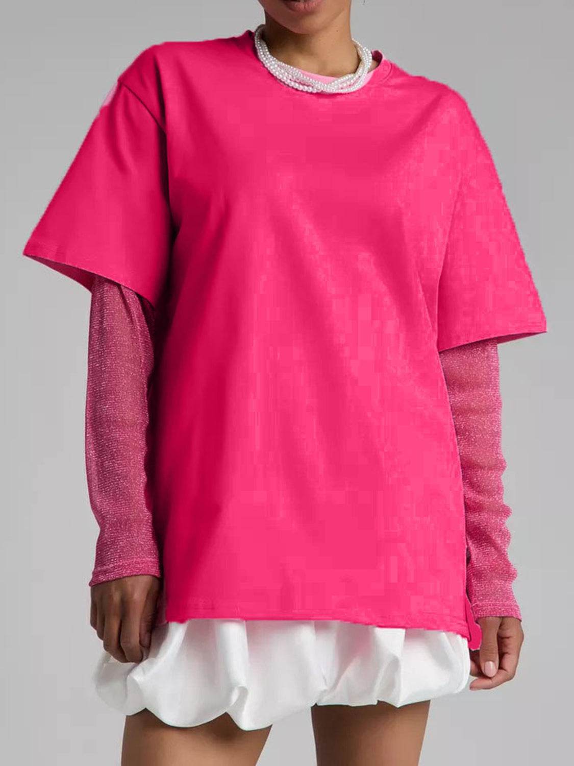 Faux Layered Round Neck Mesh Sleeve Top - Amexza