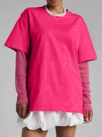 Faux Layered Round Neck Mesh Sleeve Top - Amexza