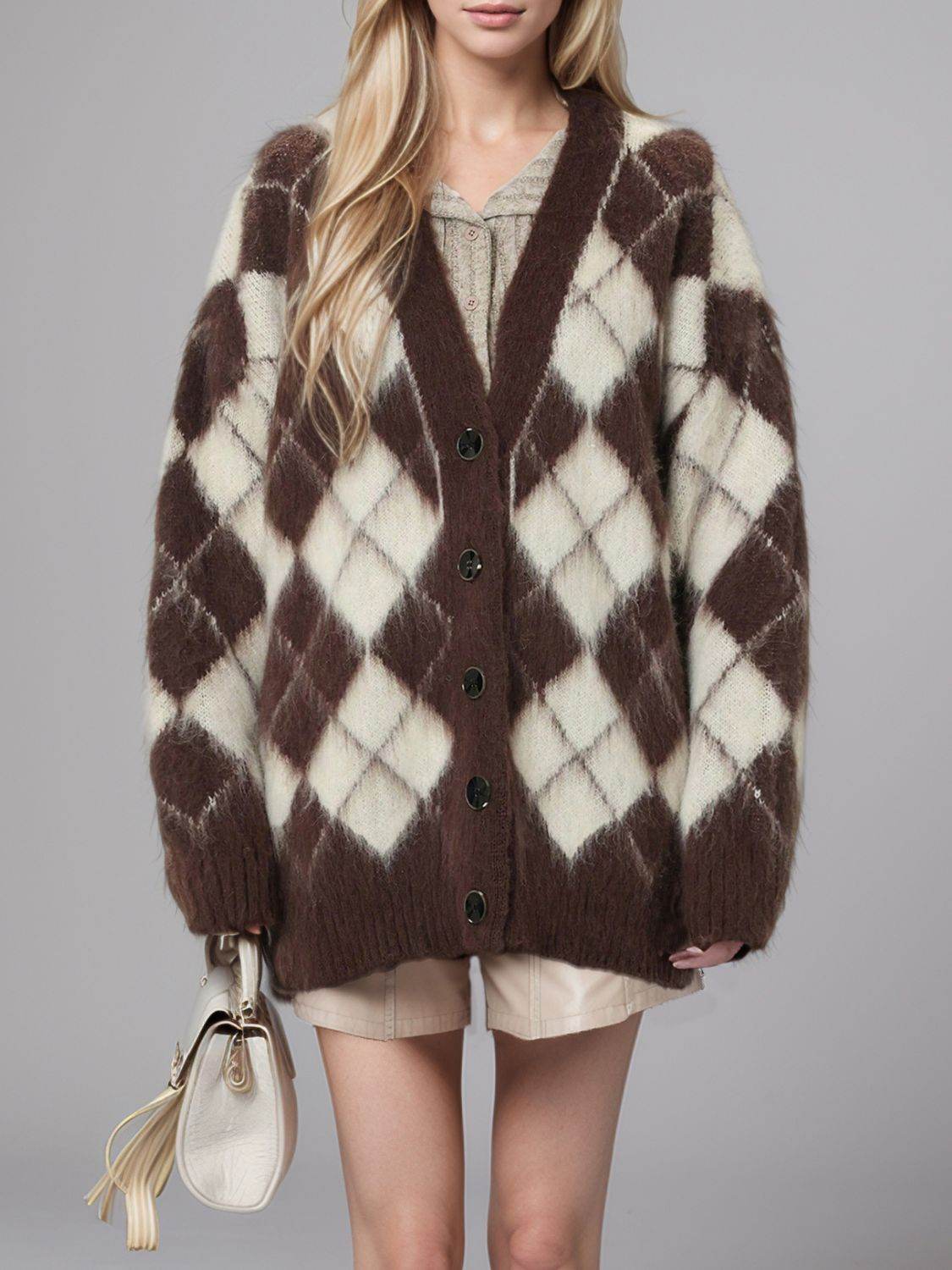 Plaid V-Neck Button Up Cardigan - Amexza