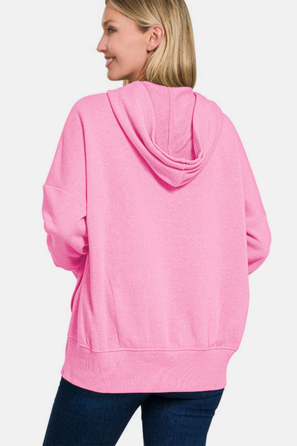 Zenana Half Snap Long Sleeve Hoodie with Kangaroo Pocket for a perfect OOTD – dress to impress outfits from Amexza