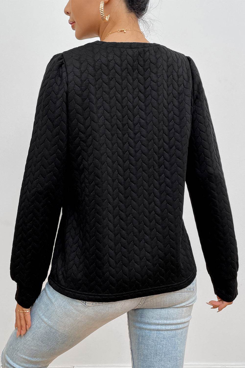 Texture Round Neck Long Sleeve Sweatshirt - Amexza