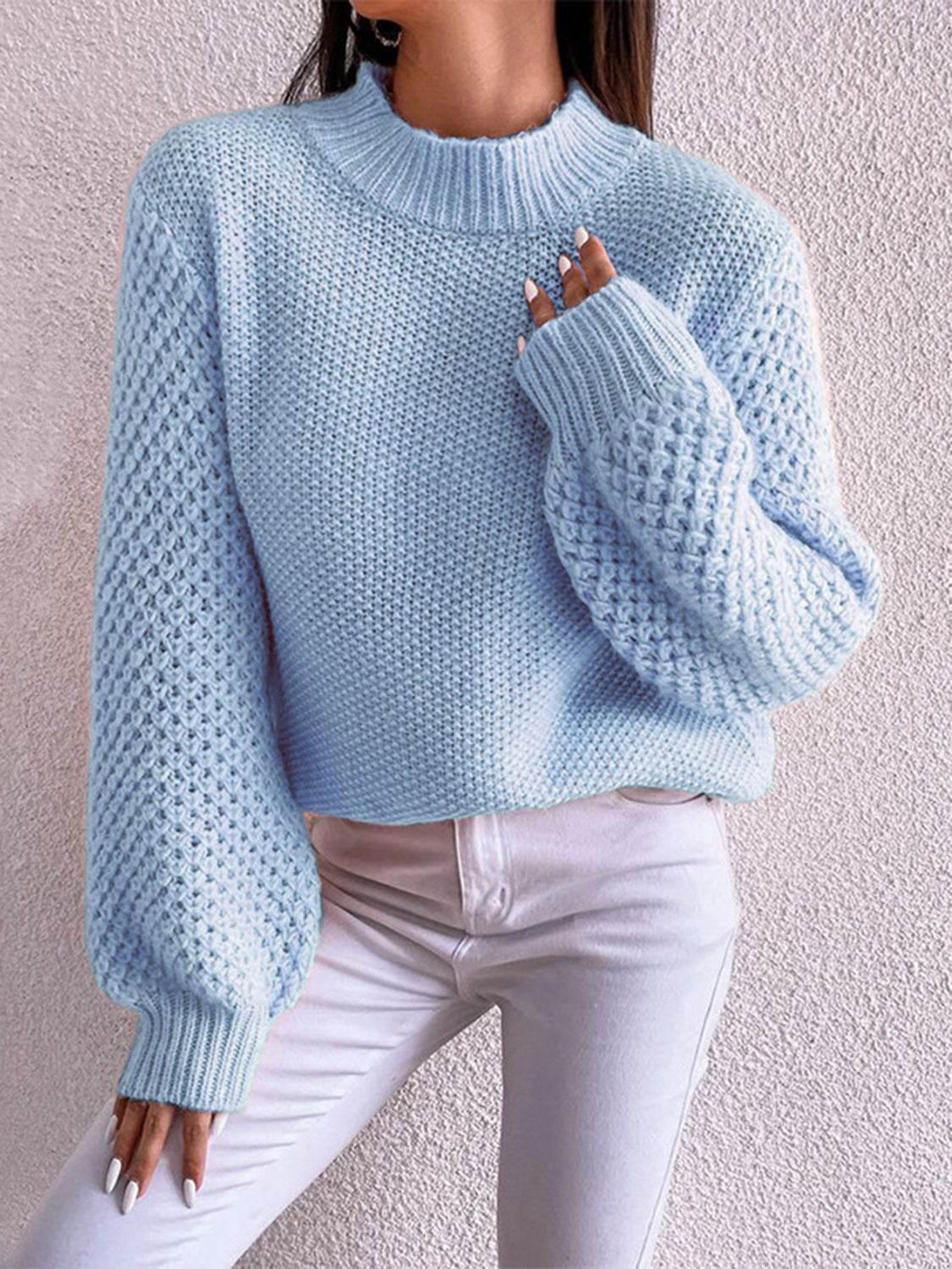 Openwork Mock Neck Long Sleeve Sweater Pastel Blue for a perfect OOTD – dress to impress outfits from Amexza