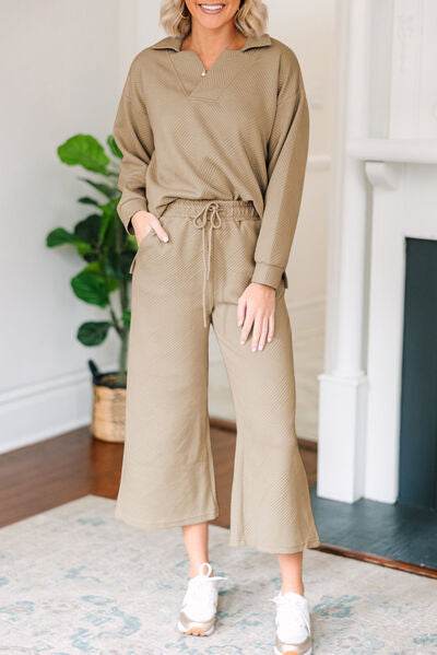 Textured Collared Neck Top and Wide Leg Pants Set - Amexza