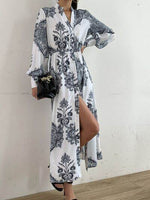 Printed Notched Lantern Sleeve Midi Dress for a perfect OOTD – dress to impress outfits from Amexza