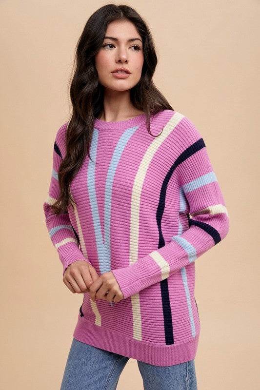 Annie Wear Chevron Stripe Round Neck Ribbed Sweater for a perfect OOTD – dress to impress outfits from Amexza