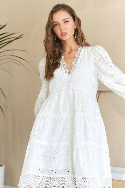 ADORA Lace Detail Tiered Eyelet V-Neck Babydoll Dress White for a perfect OOTD – dress to impress outfits from Amexza