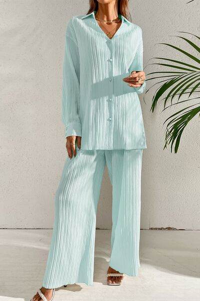 Johnny Collar Button Down Top and Pants Set - Amexza