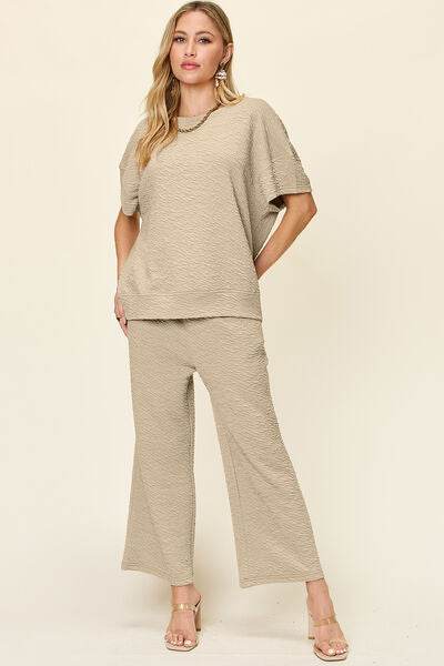 Double Take Full Size Texture Short Sleeve Top and Pants Set - Amexza