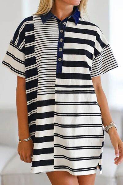 Button Detail Striped Short Sleeve Mini Dress for a perfect OOTD – dress to impress outfits from Amexza