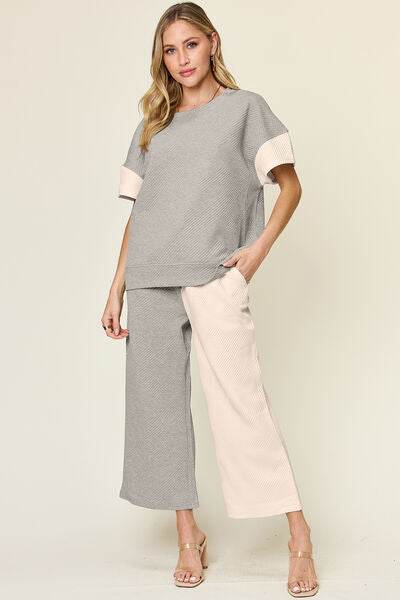 Double Take Full Size Texture Contrast T-Shirt and Wide Leg Pants Set Light Gray for a perfect OOTD – dress to impress outfits from Amexza