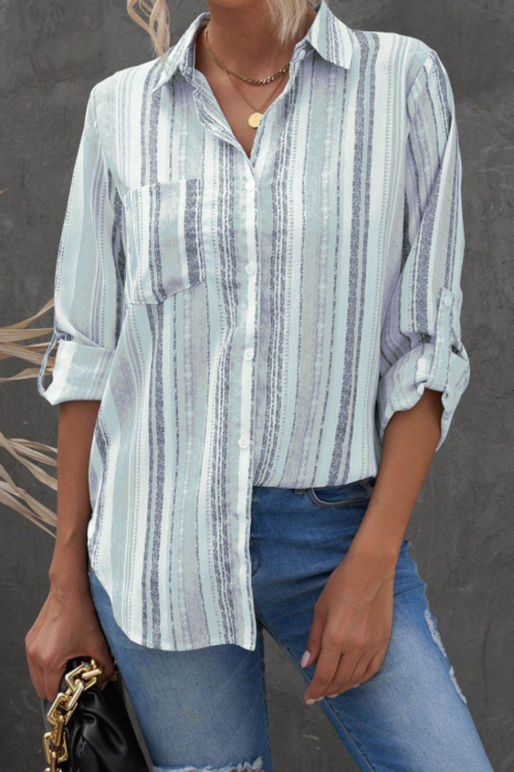 Striped Collared Neck Long Sleeve Shirt for a perfect OOTD – dress to impress outfits from Amexza