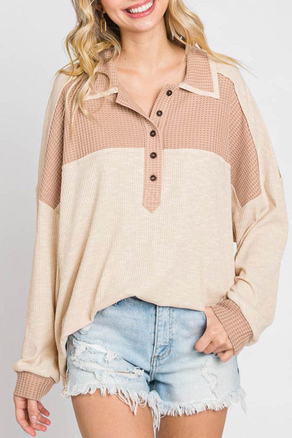 Color Block Half Button Up Blouse Ivory for a perfect OOTD – dress to impress outfits from Amexza