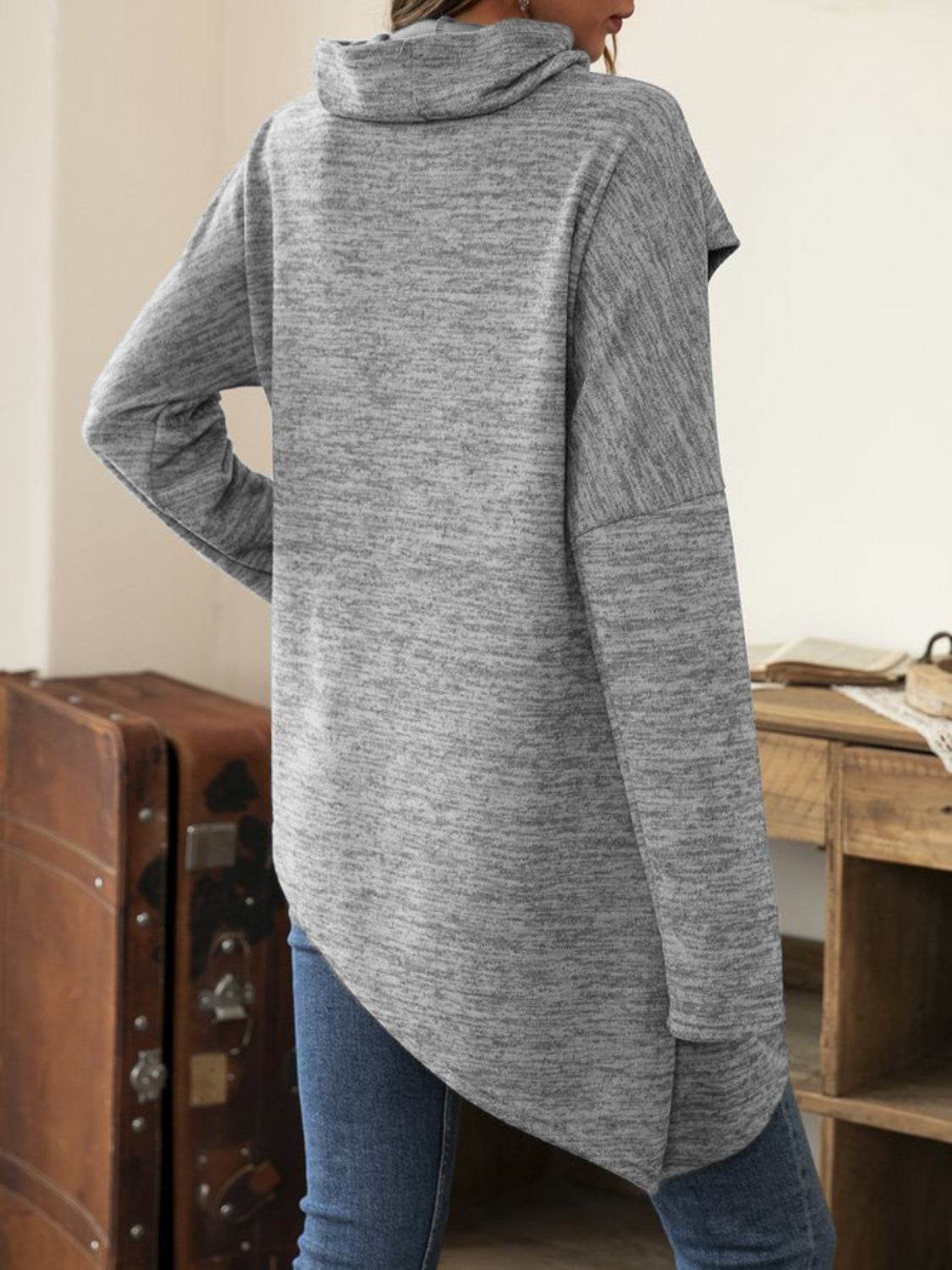 Asymmetrical Hem Cowl Neck Long Sleeve T-Shirt - Amexza