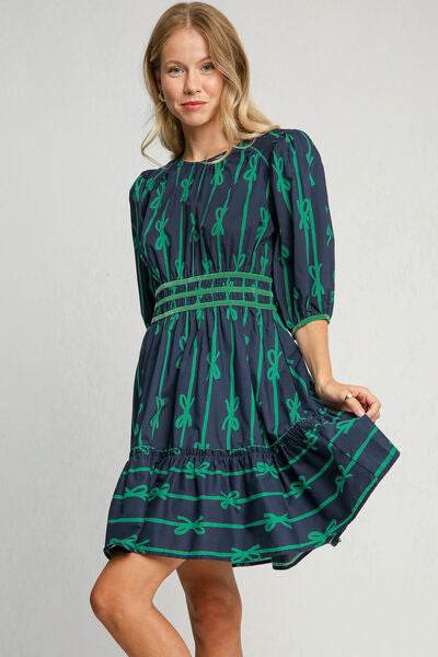 Umgee Ribbon Print Frill Contrast Velvet Trim Half Sleeve Dress Navy for a perfect OOTD – dress to impress outfits from Amexza