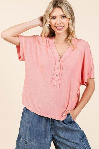 Mittoshop Mineral Wash Henley Short Sleeve Waffle Knit Top for a perfect OOTD – dress to impress outfits from Amexza