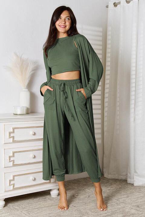 Tank, Pants, and Cardigan Set with Pockets Army Green for a perfect OOTD – dress to impress outfits from Amexza