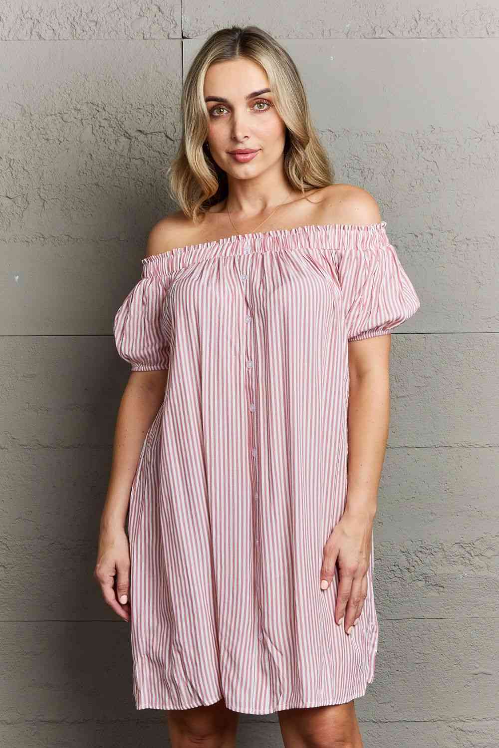 Ninexis Show Compassion Off The Shoulder Mini Dress Stripe for a perfect OOTD – dress to impress outfits from Amexza