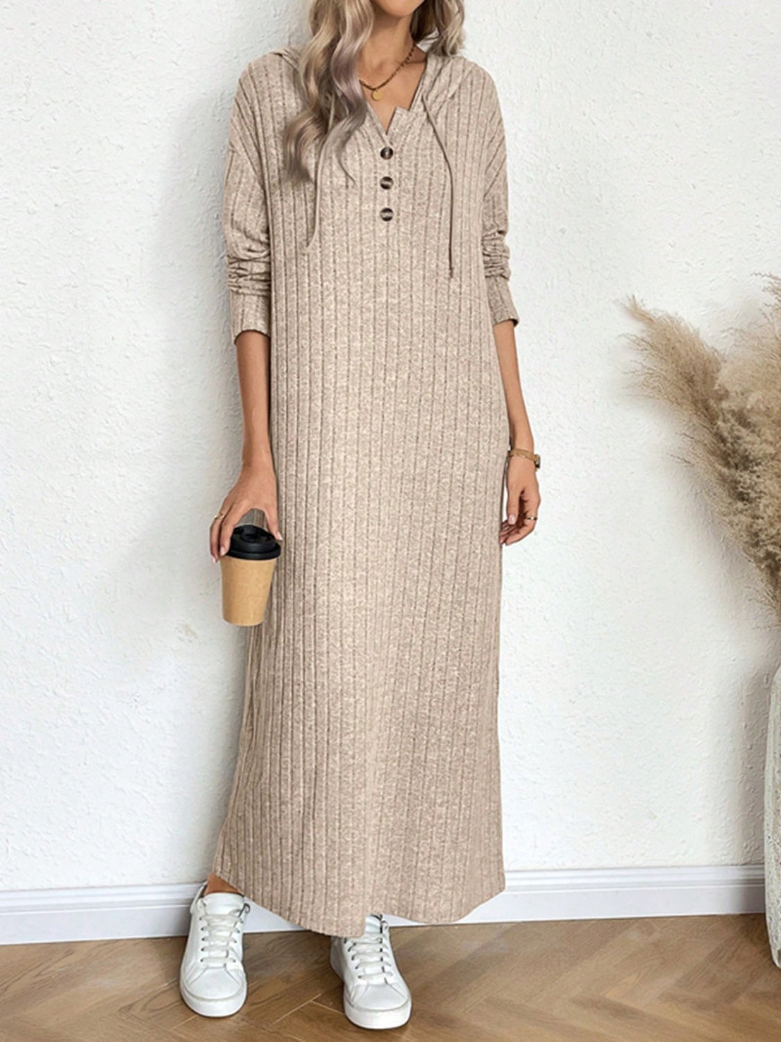 Drawstring Long Sleeve Hooded Dress - Tan / S