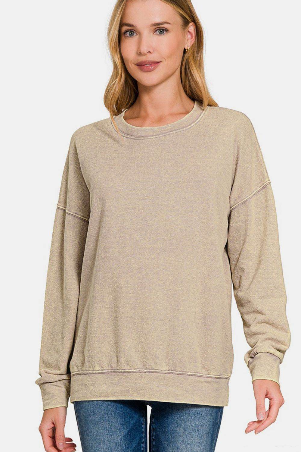 Zenana Washed Round Neck Dropped Shoulder Sweatshirt - Amexza