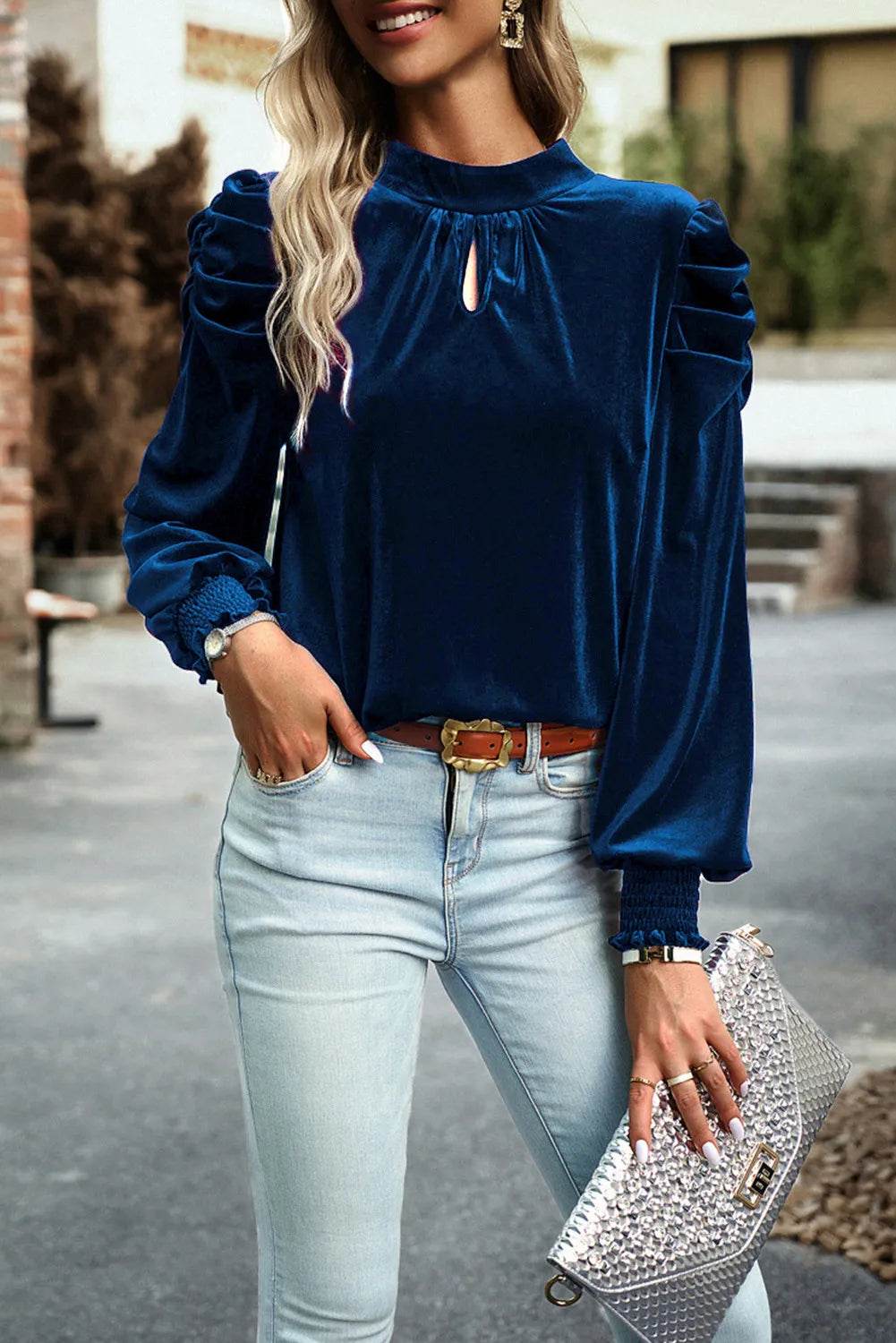 Tie Up Mock Neck Velvet Fabric Long Sleeve Blouse Navy for a perfect OOTD – dress to impress outfits from Amexza