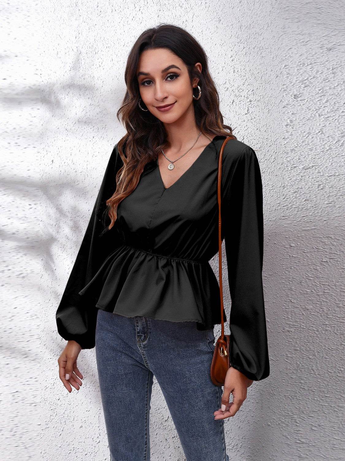 V-Neck Balloon Sleeve Peplum Blouse Black for a perfect OOTD – dress to impress outfits from Amexza