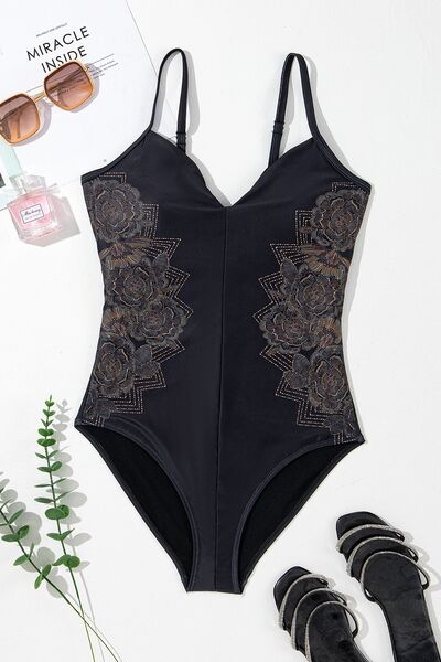 Embroidered V-Neck One-Piece Swimwear for a perfect OOTD – dress to impress outfits from Amexza