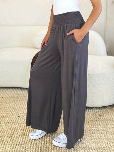 Basic Bae Full Size Smocked Wide Waistband Wide Leg Pants for a perfect OOTD – dress to impress outfits from Amexza