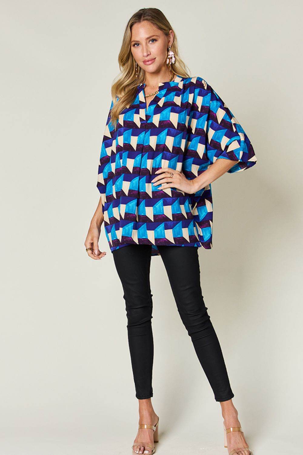 Double Take Full Size Geometric Notched Half Sleeve Blouse for a perfect OOTD – dress to impress outfits from Amexza