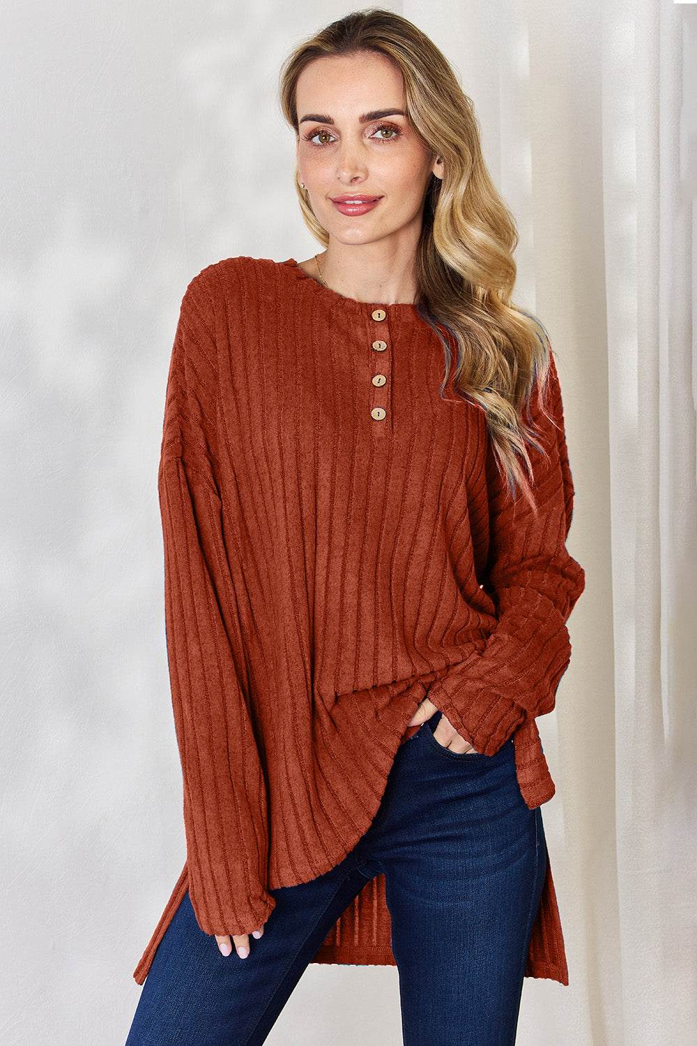 Basic Bae Full Size Ribbed Half Button Long Sleeve High-Low T-Shirt Rust for a perfect OOTD – dress to impress outfits from Amexza