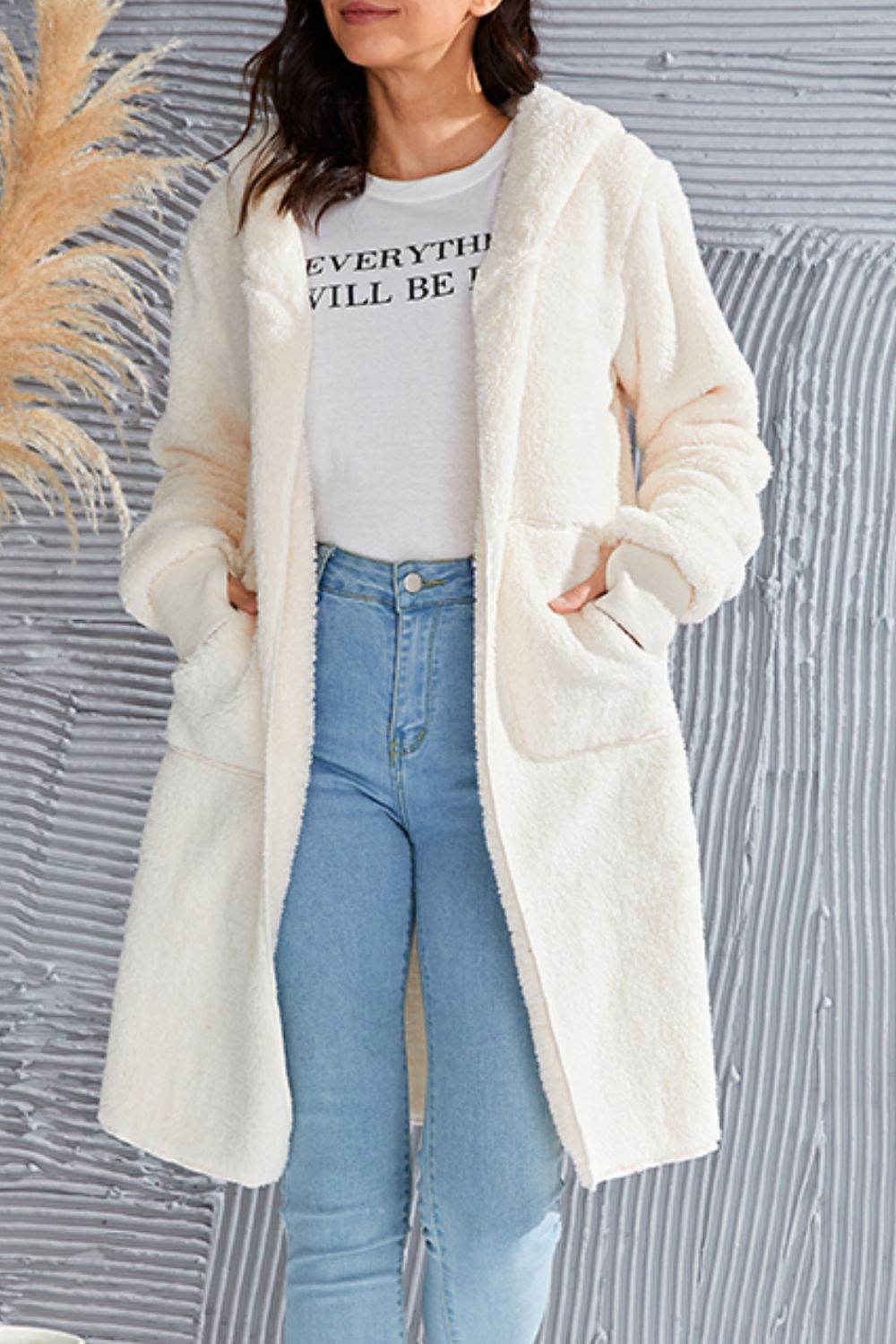 Double Take Full Size Hooded Teddy Bear Jacket with Thumbholes - Amexza